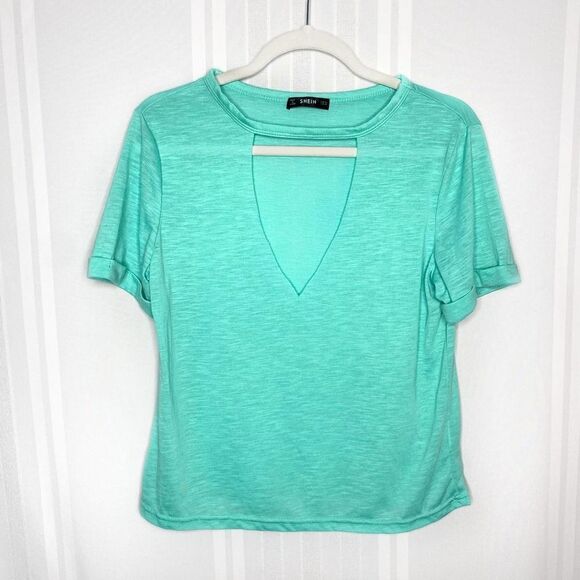Shein Short Cuffed Sleeve Cutout Keyhole V-Neck Top Medium Blue Green Heathered - Picture 1 of 8